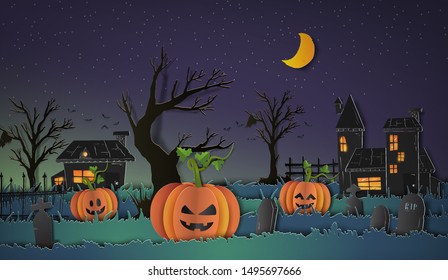 Halloween illustration design paper art style for greeting, invitation, poster, banner, background celebration event