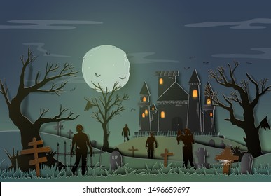 Halloween illustration design paper art style for greeting, invitation, poster, banner, background celebration event