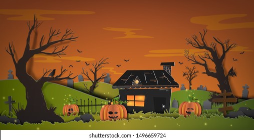 Halloween illustration design paper art style for greeting, invitation, poster, banner, background celebration event