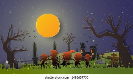 Halloween illustration design paper art style for greeting, invitation, poster, banner, background celebration event