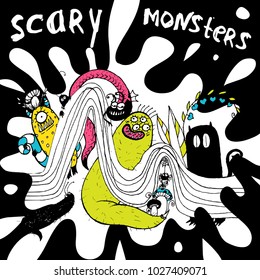 Halloween illustration of different monsters, bacteria, germs and aliens.