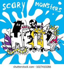 Halloween illustration of different monsters, bacteria, germs and aliens.