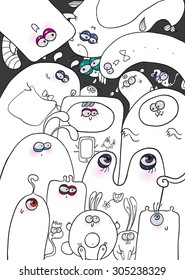 Halloween illustration of different monsters, bacteria, germs, aliens, devils and ghosts.