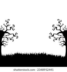 Halloween illustration with drought tree silhouette and grass silhouette