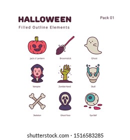 Halloween illustration elements filled outline color icons