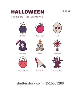 Halloween illustration elements filled outline color icons