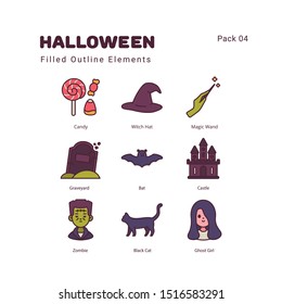 Halloween illustration elements filled outline color icons