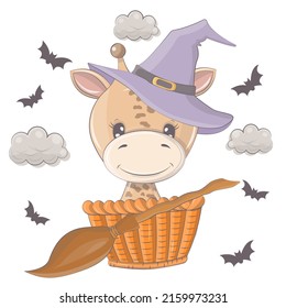 Halloween illustration of an elephant with a broom. Vector illustration of Halloween animal. Cute little illustration Halloween elephant for kids, fairy tales, covers, baby shower, textile, baby book.