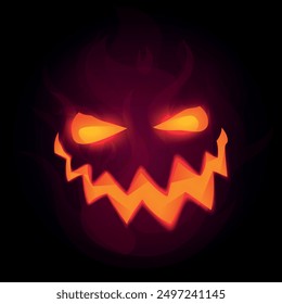 Halloween illustration with evil pumpkin face and scary illuminated smile