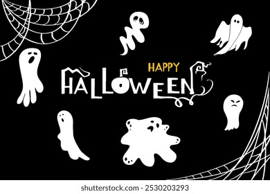 A ilustração de Halloween apresenta fantasmas brancos brincalhões e teias de aranha em um fundo preto, com texto em negrito de "Feliz Halloween". Ideal para convites assustadores, cartazes de eventos ou decoração festiva.