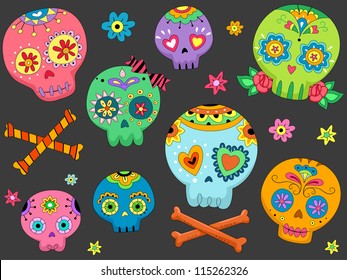 Halloween Illustration Featuring Colorful Sugar Skulls