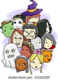Halloween Illustration Featuring Different Faces Wearing Masks