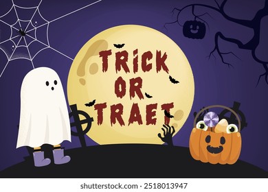 Halloween illustration featuring a ghost, pumpkin, full moon, and spooky elements with a "Trick or Treat" sign.