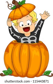 Halloween Illustration Featuring a Kid Emerging from a Large Pumpkin