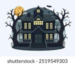 Halloween illustration featuring a large mansion under a night sky with a partially obscured full moon. Glowing windows, bats flying in the distance, and a dead tree create an eerie and mysterious.