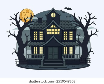 Halloween illustration featuring a large mansion under a night sky with a partially obscured full moon. Glowing windows, bats flying in the distance, and a dead tree create an eerie and mysterious.