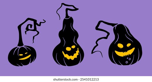 Ilustração de Halloween com três abstrato jack-o'-lanternas com rostos amarelos brilhantes definido contra um fundo roxo, perfeito para convites assustadores, decoração sazonal, ou decorações de festa