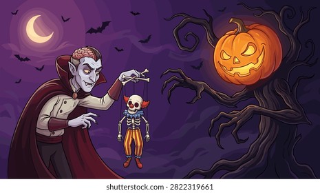 Halloween illustration featuring vampire puppet master with red cape controlling skeleton clown marionette beneath sinister jack o lantern tree moon bats