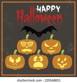 Halloween illustration in flat design style / Vintage illustration with HAPPY HALLOWEEN inscription / Typographic vector illustration / Jack O'Lanterns with different facial expressions carved on it