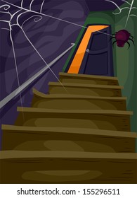 Halloween Illustration of a Flight of Stairs Filled with Cobwebs Leading to a Spooky Attic 