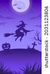 Halloween illustration. Flying witch, big glowing moon and night spooky landscape. Stories template. Vector spooky illustration with witch, pumpkin lantern and full moon. Halloween background, poster