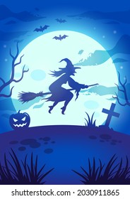 Halloween illustration. Flying witch, big glowing moon and night spooky landscape. Vector spooky illustration with witch, pumpkin lantern and full moon. Halloween background, poster, decoration.