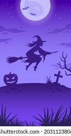 Halloween illustration. Flying witch, big glowing moon and night spooky landscape. Stories template. Vector spooky illustration with witch, pumpkin lantern and full moon. Halloween background, poster