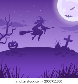 Halloween illustration. Flying witch, glowing moon,  and night spooky landscape. Vector spooky illustration with witch, pumpkin lantern and full moon. Halloween background, poster, decoration.