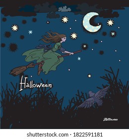 Halloween illustration (Flying witch, starry sky, moon, owl), vector 