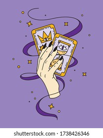 Halloween illustration. Fortune telling on tarot cards, fortuneteller, witch, female hand with black nails, magic, love spell, occultism, prediction 