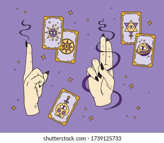 Halloween illustration. Fortune telling on tarot cards, fortuneteller, witch, female hand with black nails, magic, love spell, occultism, prediction 