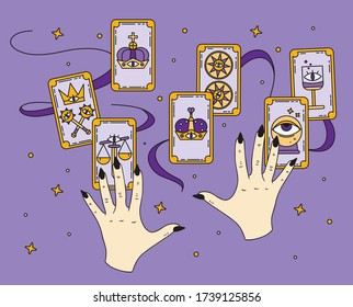 Halloween illustration. Fortune telling on tarot cards, fortuneteller, witch, female hand with black nails, magic, love spell, occultism, prediction 