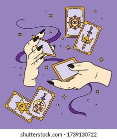 Halloween illustration. Fortune telling on tarot cards, fortuneteller, witch, female hand with black nails, magic, love spell, occultism, prediction 