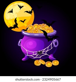 Ilustración de Halloween. Luna llena, olla de dinero y araña