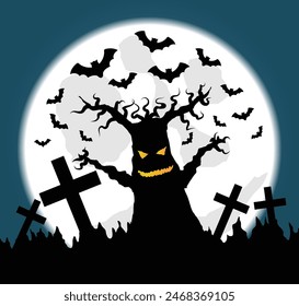 Halloween Illustration with Full Moon and Scary Old Tree in the Graveyard. Horror and national holiday concept illustration