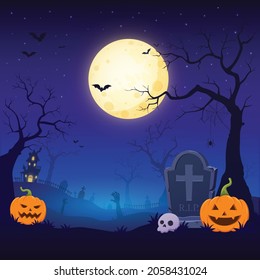 Halloween Illustration with full moon in the spooky night background.