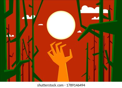 Halloween illustration. Full moon, zombies and forest.