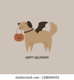 Halloween illustration with funny bat dog with lantern jack. Holiday autumn composition.