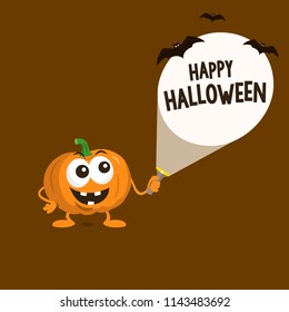 Halloween illustration with the funny cartoon pumpkin shining a flashlight at a wall. Flat design illustration.