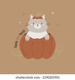 Halloween illustration with a funny cat in a pumpkin and text trick or treat