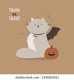 Halloween illustration with a funny cat, pumpkin and text trick or treat