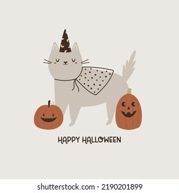 Halloween illustration with a funny cat, pumpkins and text Happy Halloween