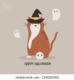 Halloween illustration with a funny cat, skull and ghosts.