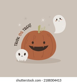 Halloween illustration with funny pumpkin, ghost, skull and text trick or treat