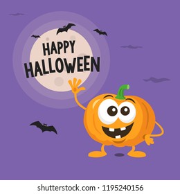 Halloween illustration with funny pumpkin mascot greeting someone with big smile. Flat design illustration.