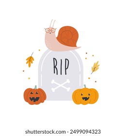 Halloween Illustration with Funny Snail, Pumpkins and Grave Stone. Holiday Greeting Card, Print, Design