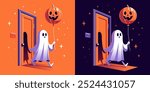 Halloween illustration. Ghost character. Halloween ghost by the door. Ghost holding a pumpkin balloon. Halloween phantom design. Spirit stands infront of the door. Samhain ghost. Halloween Poster