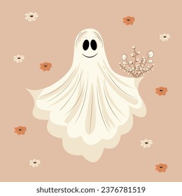 Halloween illustration with ghost and and flowers. Spooky seasonal card brochure design. Stock vector Halloween banner