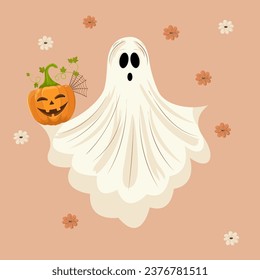 Halloween illustration with ghost and laughing pumpkin and flowers. Spooky seasonal card brochure design. Stock vector Halloween banner