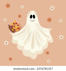 Halloween illustration with ghost and leaves and flowers. Spooky seasonal card brochure design. Stock vector Halloween banner